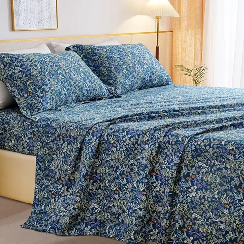Vista 2 de QSH 100% Sábanas de algodón para cama tamaño Queen - Estampado floral azul de plantas patrón botánico lujoso de algodón estampado floral ropa