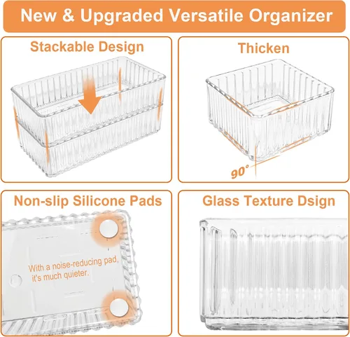 Vista 7 de 7 cubos organizadores de cajones transparentes, 4 tamaños, bandejas organizadoras de cajones de maquillaje apilables, de acrílico, para baño