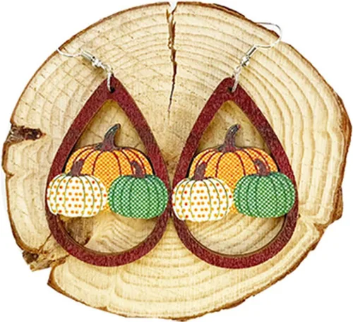 Vista 8 de Paquete de 3 pares de aretes de otoño de madera 2023 para mujeres y niñas, hojas de arce, taza de café, calabaza, girasol, juego de aretes de Acción
