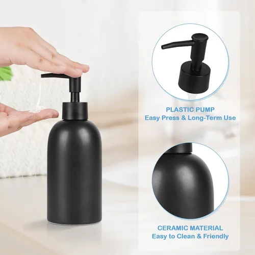 Vista 2 de Natheeph Dispensador de jabón de cerámica de 14 onzas, dispensador de jabón de cerámica, puede llenar líquido para baño/cocina (2 unidades, negro)