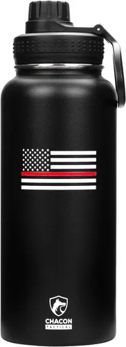 Vista 12 de Botella de agua aislada, negro, acero inoxidable, 32 onzas, diseño de bandera estadounidense de línea azul fina, boca ancha