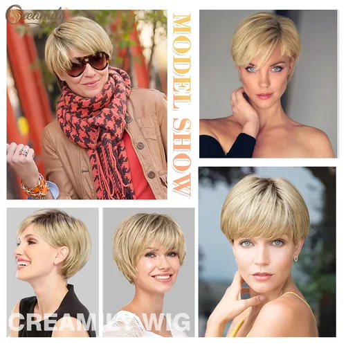 Vista 6 de Creamily Peluca corta rubia de corte Pixie con flequillo para mujer, pelucas sintéticas en capas onduladas con raíces oscuras para mujer, peluca