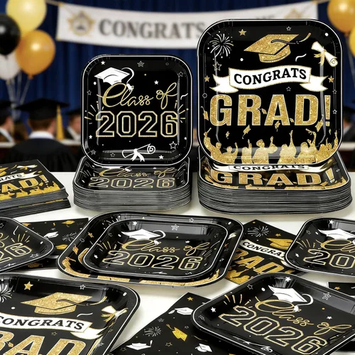 Vista 2 de Decoraciones de graduación 2026, suministros de fiesta de graduación negro y dorado con platos de papel desechables de 9 pulgadas, platos de postre