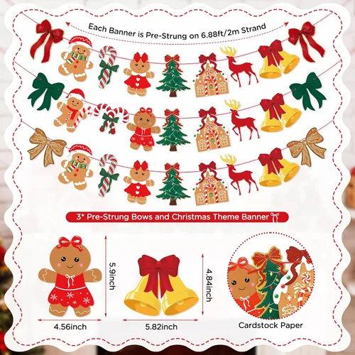 Vista 2 de 3 unidades de pancarta de Navidad con lazo vintage, lazos verdes y rojos, árbol de Navidad, árbol de Navidad, hombre de jengibre, guirnalda