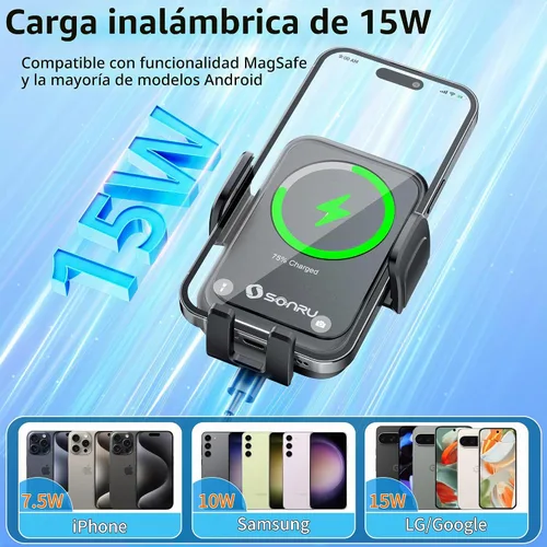 Vista 3 de SONRU Cargador inalámbrico Qi de 15 W, cargador inalámbrico de coche de carga rápida, sujeción automática, soporte de succión para salpicadero