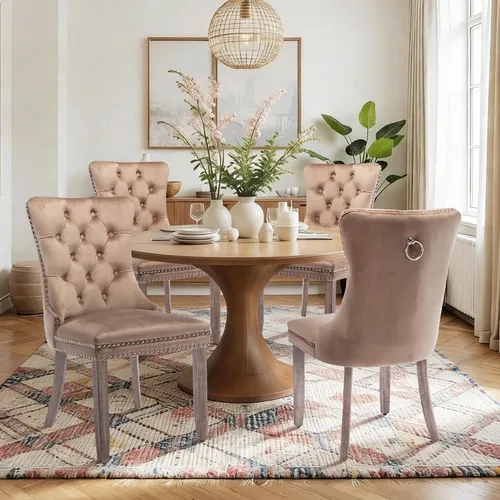 Vista 125 de Juego de 2 sillas de comedor de terciopelo con patas de madera, color beige Mid Century Modern Dining Chairs,Upholstered Chairs with Nailhead