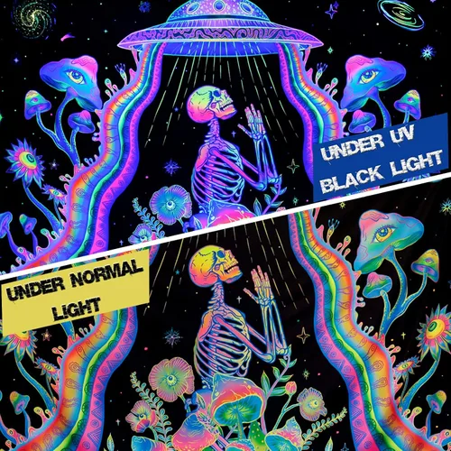 Vista 5 de Galoker Tapiz de esqueleto de luz negra, tapiz floral de plantas de fantasía, tapiz reactivo a los rayos UV, tapiz OVNI extraterrestre galaxia