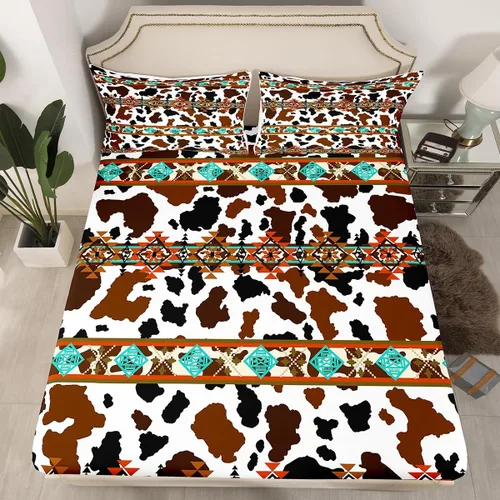 Vista 19 de Juego de ropa de cama de estilo bohemio occidental, tamaño individual, diseño de vaca atrapasueños, sábana bajera ajustable del suroeste, tribu