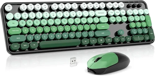 Vista 12 de MOWUX Combo de teclado y mouse inalámbricos, máquina de escribir de tamaño completo, teclado de computadora redondo retro, lindo mouse óptico, 2.4G