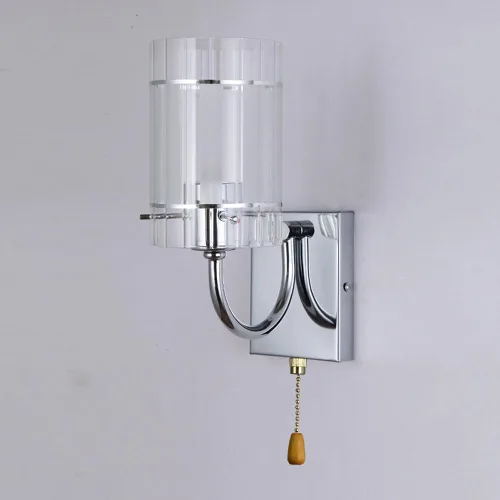 Vista 3 de Aplique de pared de vidrio transparente con interruptor de cadena de tracción, lámpara de tocador de baño cromada, cilíndrica, moderna, de mediados