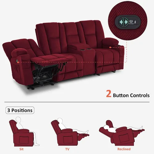 Vista 8 de MCombo Sofá reclinable eléctrico de gravedad cero con consola, masaje con calor y vibración, sofá reclinable de 3 plazas con puertos USB, portavasos