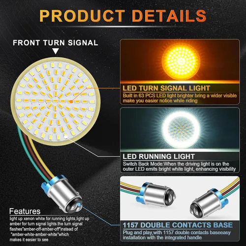 Vista 2 de LivTee Señales de giro delanteras extremadamente brillantes y panel de luces LED Switchback de funcionamiento con base 1157 compatible con Harley