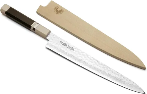 Vista 10 de Yoshihiro VG10 46 Capas Damasco Martillado Sujihiki Cuchillo Rebanador Japonés (9.5" (240mm) Mango de Palisandro) Mango de palisandro con cojín