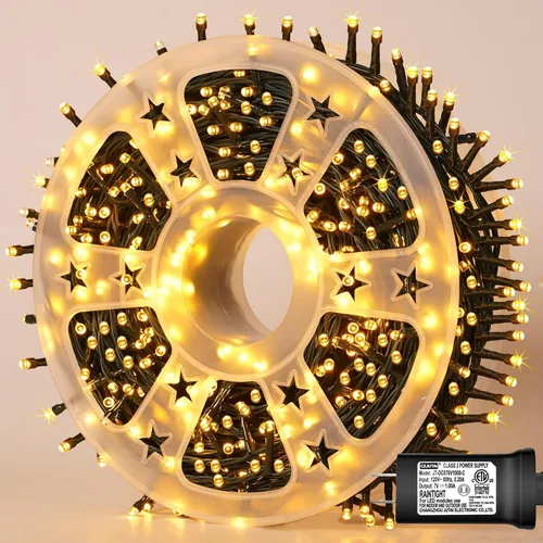 Vista 9 de 1000 luces LED de Navidad azules y blancas de 328 pies, impermeables, 8 modos de luces de Navidad con cable verde en interiores, luces de árbol Azul