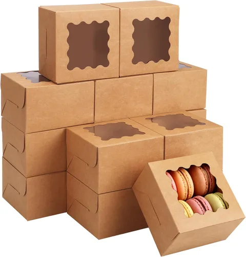 Vista 14 de Moretoes 24 cajas de panadería con ventana, 4 x 4 x 2.5 pulgadas, cajas de galletas marrones para pasteles pequeños, galletas y postres