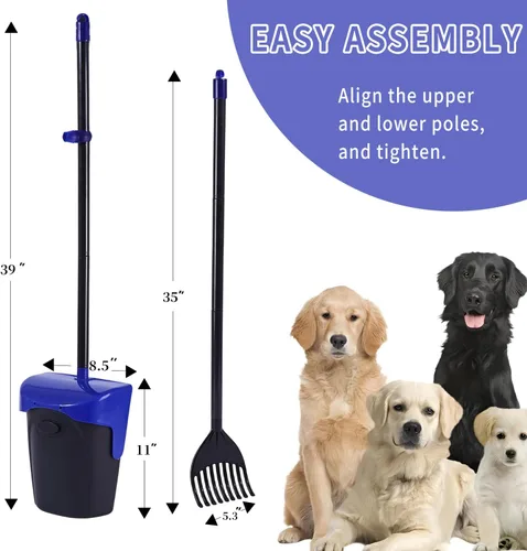 Vista 2 de Cubo giratorio grande y rastrillo con 160 bolsas de residuos, recogedor de excrementos de perro resistente con accesorio para bolsa para perros