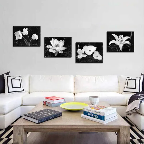 Vista 2 de Biuteawal - Impresiones en lienzo de flores, arte de magnolia lirio, pintura floral en blanco y negro, impresiones en lienzo para decoración