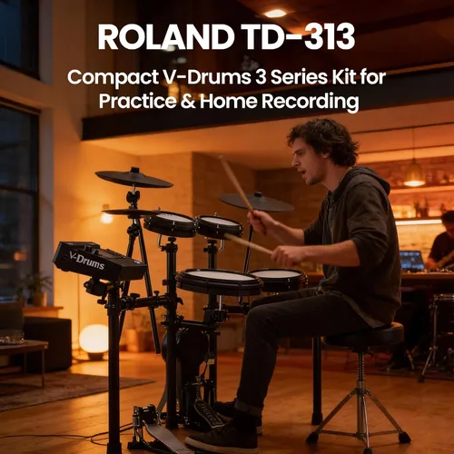 Vista 5 de Roland TD313 V-Drums Kit de batería electrónica Bundle con trono de batería, cable de audio, baquetas, bolsa para baquetas y paño de pulido