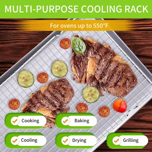 Vista 3 de UOUYOO Rejilla de enfriamiento para hornear, juego de 2 unidades de acero inoxidable, 16 x 10 pulgadas, para horno, rejilla segura para horno, asar