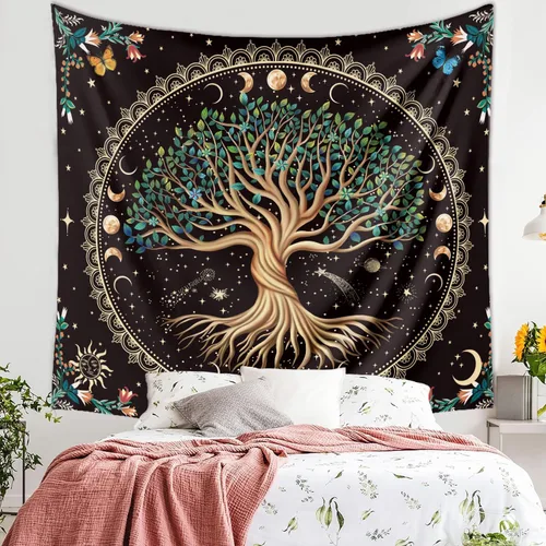 Vista 9 de Tapiz de árbol de la vida de fase lunar, naturaleza, flores, plantas, mariposas, tapices bohemios, mandala espiritual, tapiz estético para colgar
