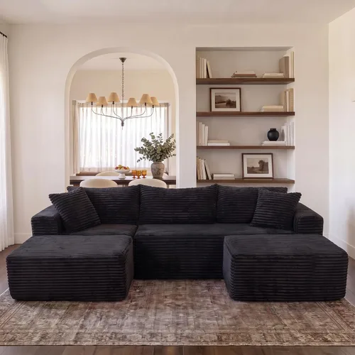 Vista 19 de Claiks Sofá modular de pana de 104 pulgadas sin hueso, asiento profundo de sofá modular de pana, no requiere montaje, color negro