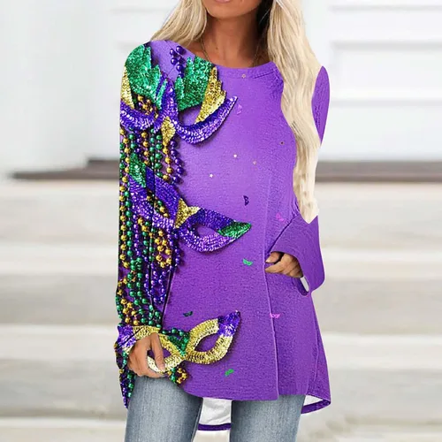 Vista 2 de Camiseta de Mardi Gras para mujer, traje de carnaval, máscara gráfica, talla grande, túnica para leggings, blusa de desfile de manga larga, regalos