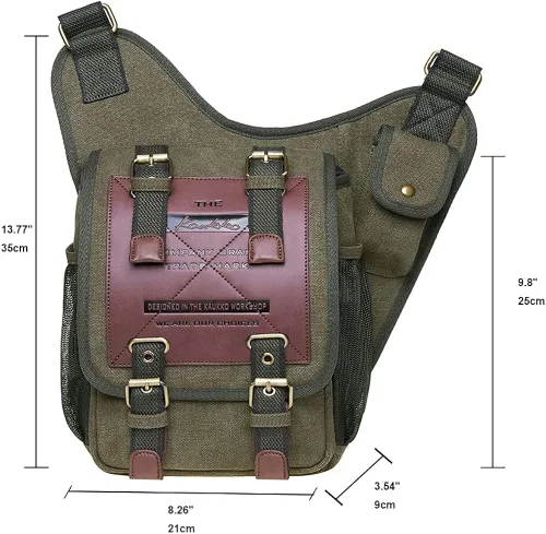 Vista 2 de Bolso de mensajero de lona vintage para hombre, bolso de mensajero de retazos de cuero en el pecho