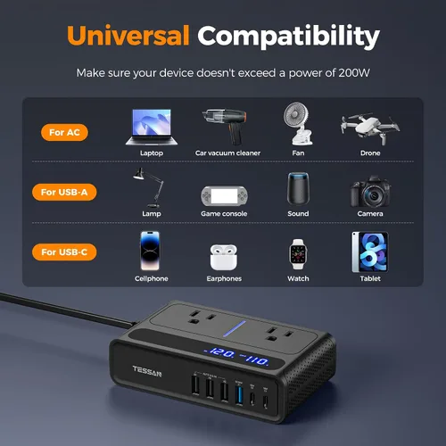Vista 7 de TESSAN - Inversor de corriente para automóvil de 200 W, convertidor de 12 V CC a 110 V CA con 2 salidas de CA y 6 puertos USB con USB de 36 W