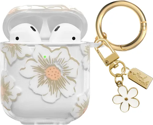 Vista 15 de Funda compatible con AirPods, funda de TPU suave con bonito patrón de flores para AirPods de 2 y 1 generación con llavero colgante y mosquetón