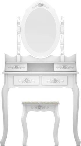 Vista 2 de Juego de tocador con 4 cajones de rotación de 360 grados extraíble, mesa de maquillaje con taburete, escritorio de tocador para dormitorio