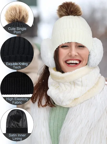 Vista 3 de 10 piezas de gorro de invierno bufanda guantes de punto cálido bufanda guantes pantalla táctil orejeras calcetines satén forro interior sombrero