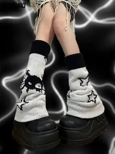 Vista 2 de heyheyshine Y2k Star Skull Print Dos Lados Wear Calcetines Calcetines Punk, Niñas Japonesas Kawaii Streetwear Pierna Cubierta