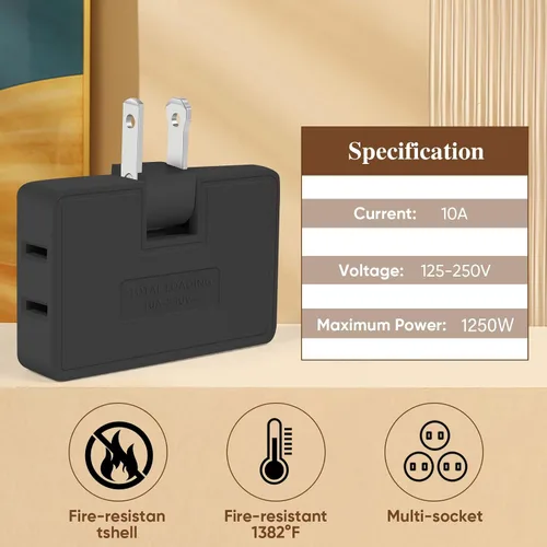 Vista 6 de Adaptador extensor de salida de pared de 3 vías plano - Paquete de 2 Adaptador de enchufe plano giratorio de 180 grados AC, extensor de salida