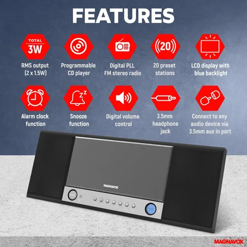 Vista 2 de Magnavox Sistema de estante de CD de 3 piezas con radio estéreo digital PLL FM