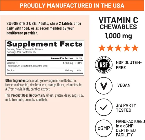 Vista 6 de NatureWise Vitamina C masticable extra fuerte 1000 mg para adultos, sabor natural a naranja, sistema inmunológico y apoyo antioxidante, sin OMG