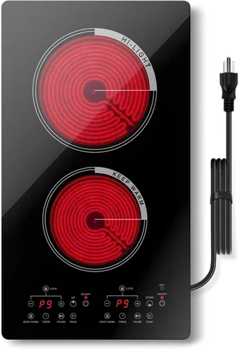 Vista 11 de Placa eléctrica de cerámica de 12 pulgadas, estufa radiante de 2 quemadores de 2000 W, placa caliente integrada o de encimera con 9 niveles de 2