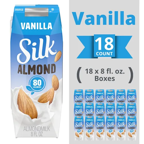 Vista 5 de Silk Leche de almendras estable individual, vainilla, sin lácteos, vegana, sin OMG, proyecto verificado, 8 onzas líquidas (paquete de 18)