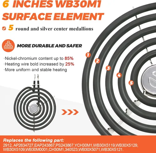Vista 3 de Paquete de 4 quemadores eléctricos ERS30M1 ERS30M2 de repuesto para GE Hotpoint Kenmore, repuesto para quemador de estufa eléctrica de 6 y 8