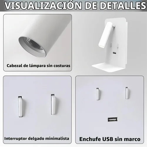 Vista 7 de ZEROUNO Lámpara de pared para dormitorio, luz de lectura montada en la pared, apliques de cabecera LED con interruptor Puerto USB Lámparas de Blanco