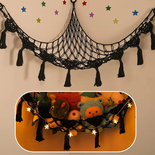 Vista 23 de Hamaca Esquinera para Animales de Peluche - Jumbo de 56'' Hecha a Mano con Cordón Doble de Macramé de 5mm, Red de Almacenamiento de Animales