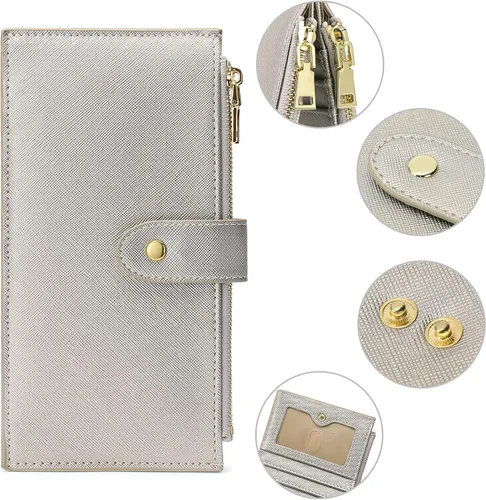 Vista 4 de GOIACII - Carteras para mujer de dos pliegues con bloqueo RFID y 2 bolsillos con cremallera, Dorado plata, M