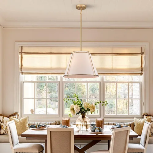 Vista 2 de Lámpara Colgante de Cono con Pantalla de Tambor de Tela con Linterna de Metal de 16 Pulgadas, Candelabros Blancos y Dorados para Cocina, Comedor