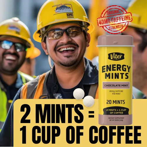 Vista 6 de Viter Energy Mentas con Cafeína 40mg de Cafeína, Vitaminas B, Sin Azúcar. (Menta Chocolate, 20 piezas, Paquete de 6)