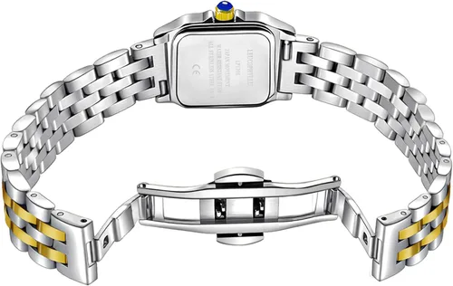 Vista 3 de Relojes pequeños de oro para mujer con funda rectangular vintage, esfera romana clásica, banda de acero inoxidable resistente al agua con cadena