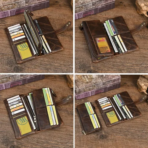 Vista 7 de Genuino Caballo Loco Cuero Regalo de Viaje Moneda Bolsillo Tarjetero Organizador Largo Cadena Rfid Cartera Monedero Con Broche Para Hombres Hombres