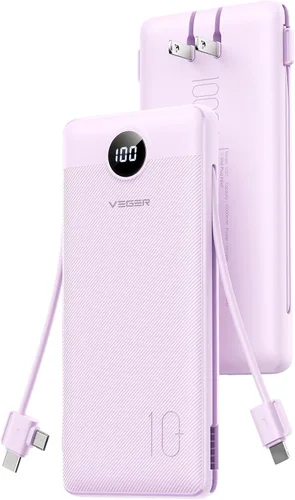 Vista 11 de VEGER Cargador portátil con enchufe de pared AC, cargador portátil delgado de 10000 mAh con cables incorporados, banco de energía USB C de 15W