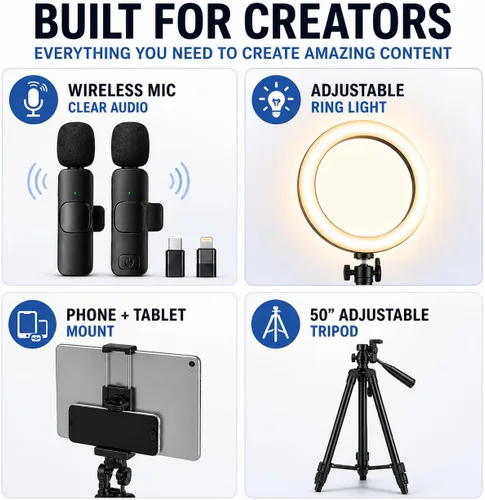 Vista 4 de Acuvar Kit de vlogging con trípode de luz de anillo – Kit de creación de contenido para iPhone, Android y tabletas, micrófono, control remoto