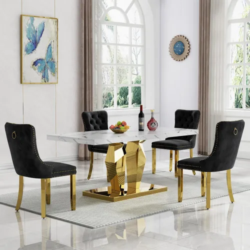 Vista 13 de Juego de 5 mesas de comedor de mármol sintético, juego de mesa de cocina y comedor para 4, mesa de comedor rectangular blanca de 70 pulgadas