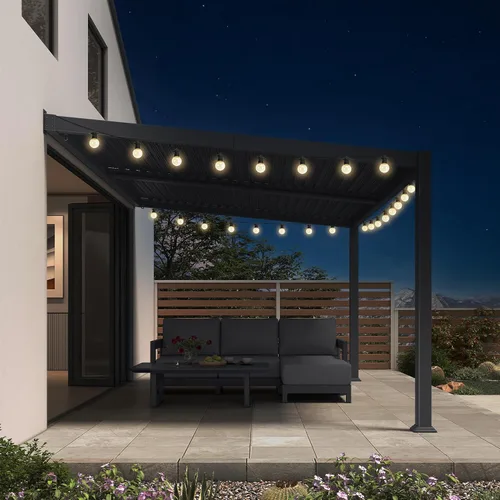 Vista 16 de PURPLE LEAF Pérgola con listones de techo rígido de 8 x 10, pérgola de aluminio para patio al aire libre con techo ajustable a prueba de lluvia