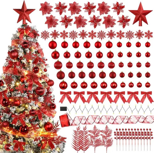 Vista 8 de Poen Juego de 108 adornos para árbol de Navidad, incluye bolas para árbol navideño, flor de pascua con purpurina, lazos, bayas, tallos, hojas, copos